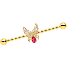 将图片加载到图库查看器，14G Clear Red Gem Gold Hue Lacy Butterfly Industrial Barbell 38mm
