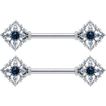 Load image into Gallery viewer, 14G 9/16 Clear Blue Gem Textured Rhombus Cross Nipple Ring Set
