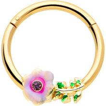 将图片加载到图库查看器，16G 3/8 Purple CZ Gem Gold Tone Pink Flower Hinged Segment Ring

