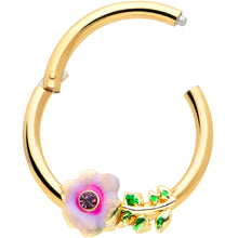 将图片加载到图库查看器，16G 3/8 Purple CZ Gem Gold Tone Pink Flower Hinged Segment Ring
