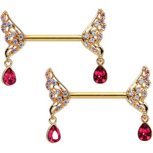Load image into Gallery viewer, 14G 9/16 Red Gem Gold Tone Wing Dangle Barbell Nipple Ring Set
