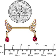 Load image into Gallery viewer, 14G 9/16 Red Gem Gold Tone Wing Dangle Barbell Nipple Ring Set
