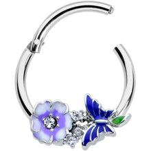 Load image into Gallery viewer, 16G 3/8 Clear CZ Gem Flower Blue Butterfly Hinged Segment Ring

