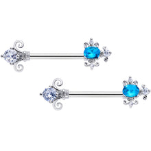 Load image into Gallery viewer, 14G 9/16 Clear Blue Gem Renaissance Cross Barbell Nipple Ring Set
