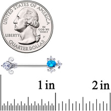 Load image into Gallery viewer, 14G 9/16 Clear Blue Gem Renaissance Cross Barbell Nipple Ring Set
