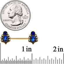 Load image into Gallery viewer, 14G 9/16 Clear Blue Gem Gold Tone Heirloom Drop Nipple Ring Set
