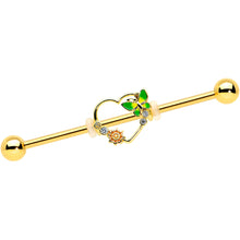 Load image into Gallery viewer, 14G Clear CZ Gem Gold Tone Open Heart Sun Industrial Barbell 38mm
