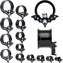 Load image into Gallery viewer, Clear Gem Black Bat Halloween Double Flare Tunnel Plug Set

