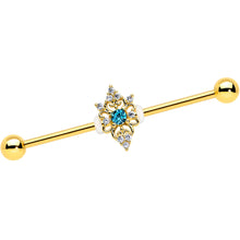 Load image into Gallery viewer, 14G Clear Blue Gem Gold Tone Royal Heart Industrial barbell 38mm
