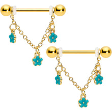 Load image into Gallery viewer, 14G 9/16 Gold Tone Blue Flowers Chain Dangle Nipple Ring Set
