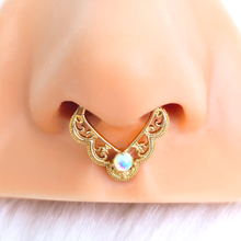 Load image into Gallery viewer, 16G 5/16 White Synth Opal Gold Tone Lacy Love Cartilage Clicker

