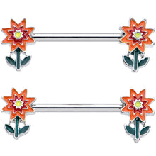 Load image into Gallery viewer, 14G 9/16 Red Orange Fanciful Flower Barbell Nipple Ring Set
