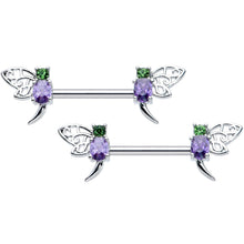 Load image into Gallery viewer, 14G 9/16 Purple Green Gem Dragonfly Barbell Nipple Ring Set
