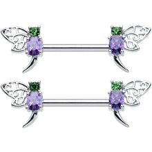 Load image into Gallery viewer, 14G 9/16 Purple Green Gem Dragonfly Barbell Nipple Ring Set
