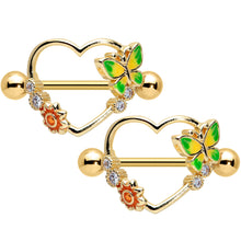 将图片加载到图库查看器，14G 9/16 Clear CZ Gem Gold Tone Butterfly Heart Nipple Shield Set
