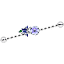 Load image into Gallery viewer, 14G Clear CZ Gem Flower Blue Butterfly Industrial Barbell 38mm
