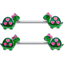 Load image into Gallery viewer, 14G 9/16 Green Pink Bow Heart Turtle Barbell Nipple Ring Set
