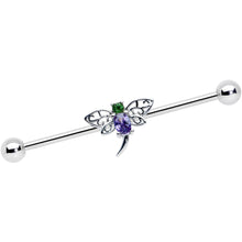 Load image into Gallery viewer, 14G Purple Green Gem Dragonfly Industrial Barbell 38mm
