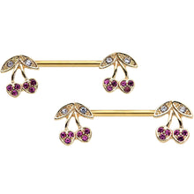 Load image into Gallery viewer, 14G 9/16 Clear Purple Gem Gold Tone Very Cherry Nipple Ring Set
