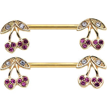 Load image into Gallery viewer, 14G 9/16 Clear Purple Gem Gold Tone Very Cherry Nipple Ring Set
