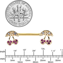 Load image into Gallery viewer, 14G 9/16 Clear Purple Gem Gold Tone Very Cherry Nipple Ring Set
