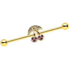 Load image into Gallery viewer, 14G Clear Purple Gem Gold Tone Cherry Industrial Barbell 38mm
