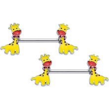 Load image into Gallery viewer, 14G 9/16 Bow Tie Yellow Red Giraffe Barbell Nipple Ring Set

