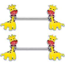 Load image into Gallery viewer, 14G 9/16 Bow Tie Yellow Red Giraffe Barbell Nipple Ring Set
