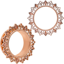 Load image into Gallery viewer, Brown Gem Rose Gold Tone Floral Edge Screw Fit Tunnel Plug Set
