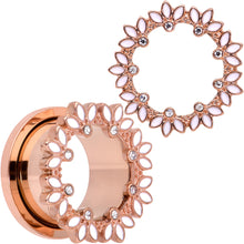 Load image into Gallery viewer, Clear Gem Rose Gold Tone White Leaves Screw Fit Tunnel Plug Set
