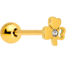Load image into Gallery viewer, Clear Gem Gold Tone Shamrock St Patricks Day Barbell Tongue Ring

