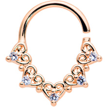 Load image into Gallery viewer, 18G 5/16 Clear CZ Gem Rose Gold Tone Heart Filigree Closure Ring
