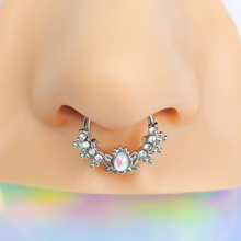 Load image into Gallery viewer, 16G 3/8 White Faux Opal Stylized Lotus Hinged Segment Ring
