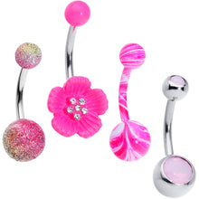 Load image into Gallery viewer, Pink Faux Opal Clear Gem Pink Sandblast Flower Belly Ring Set of 4
