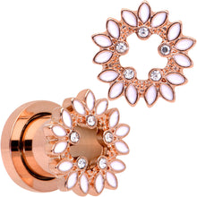 Load image into Gallery viewer, 2G Clear Gem Rose Gold Hue White Leaves Screw Fit Tunnel Plug Set
