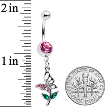 Load image into Gallery viewer, Pink Green Gem Perching Floral Butterfly Dangle Belly Ring
