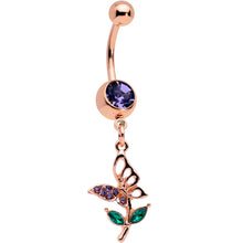 Load image into Gallery viewer, Purple Gem Rose Gold Tone Perching Floral Butterfly Dangle Belly Ring
