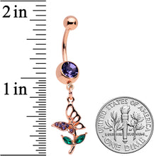Load image into Gallery viewer, Purple Gem Rose Gold Tone Perching Floral Butterfly Dangle Belly Ring
