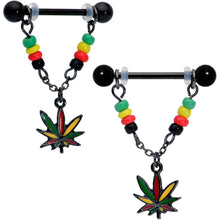 Load image into Gallery viewer, 14G 9/16 Black Multicolor Pot Leaf Dangle Barbell Nipple Ring Set
