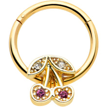 Load image into Gallery viewer, 16G 3/8 Clear Purple Gem Gold Tone Cherries Hinged Segment Ring
