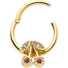 Load image into Gallery viewer, 16G 3/8 Clear Purple Gem Gold Tone Cherries Hinged Segment Ring
