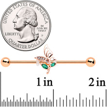 Load image into Gallery viewer, 14G Clear Gem Rose Gold Tone Floral Butterfly Industrial Barbell 38mm
