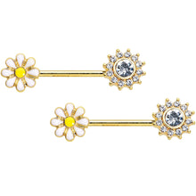Load image into Gallery viewer, 14G 9/16 Clear Gem Gold Tone Sun Daisy Flower Nipple Ring Set
