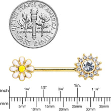 Load image into Gallery viewer, 14G 9/16 Clear Gem Gold Tone Sun Daisy Flower Nipple Ring Set
