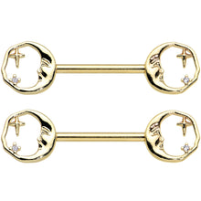 Load image into Gallery viewer, 14G 9/16 Gold Tone Face Crescent Moon Barbell Nipple Ring Set
