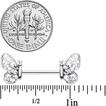 Load image into Gallery viewer, 14G 9/16 Clear Gem Lacy Butterfly Barbell Nipple Ring Set
