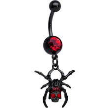 将图片加载到图库查看器，Red Gem Black Skull Spider Halloween Dangle Belly Ring
