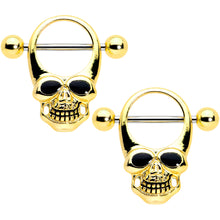 Load image into Gallery viewer, 14G 1/2 Gold Tone Grinning Skull Nipple Shield Set
