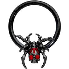 Load image into Gallery viewer, 16G 3/8 Red Gem Black Spider Skull Halloween Hinged Segment Ring
