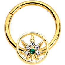 Load image into Gallery viewer, 16G 3/8 Clear Gem Gold Tone Pot Leaf Circle Hinged Segment Ring
